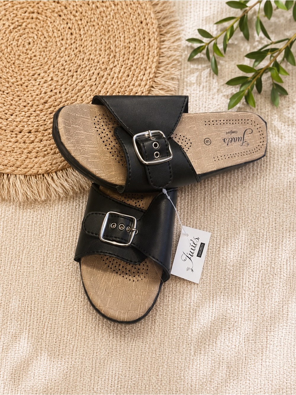 Buckle Black Slide Sandals with Silver Buckles